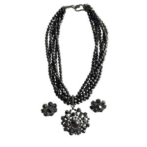 VTG 90s GRAZIANO Black Festive Beaded Necklace-Filigree Pendant & Earring Set
